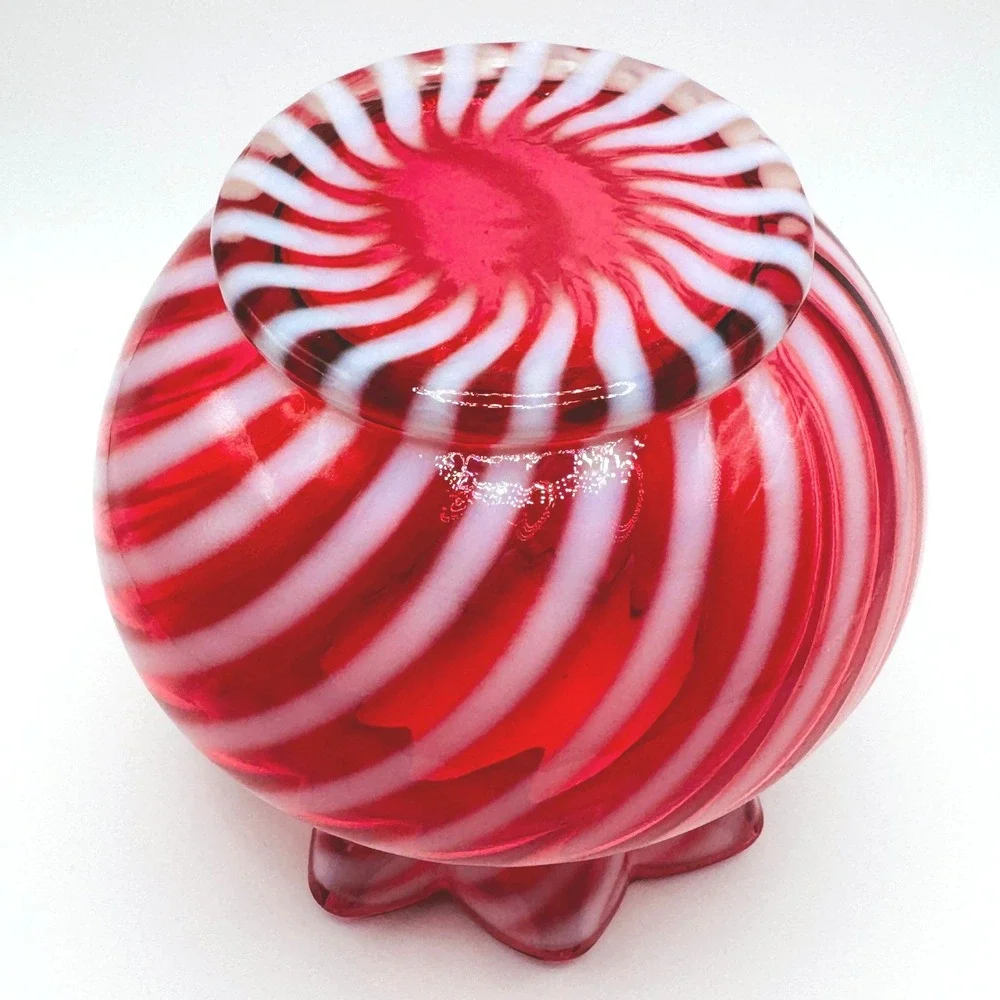 Fenton Vintage Cranberry Opalescent Swirl Art Glass Vase Ruffled Rim Hand Blown